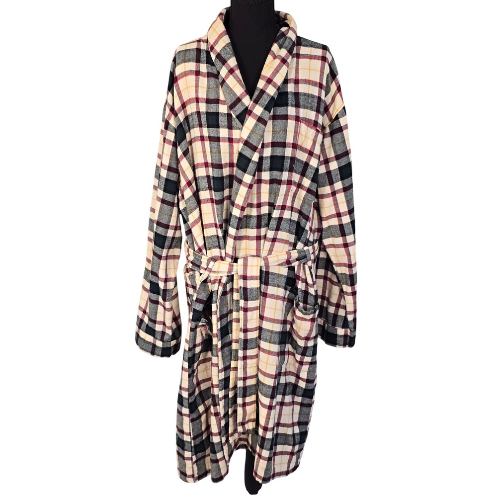 LL Bean Mens Large Plaid Flannel Robe Cotton Tartan Loungewear Classic Preppy